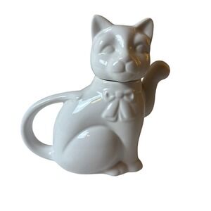 Vintage White Porcelain Cat Shaped Teapot Bow Detail "Lucky Cat"